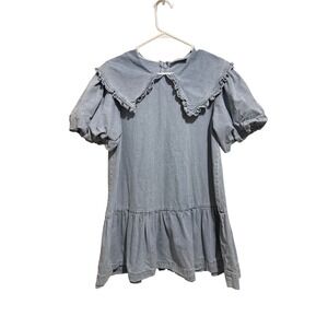 Blue B. Collection Denim Mini Dress Womens Small Ruffle Point Collar Puff Sleeve
